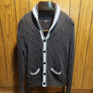 Navy Blue Cable Knit Men's Sweater Vintage 80s Shawl Preppy Tennis Argyle Cultur